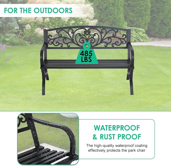 FDW Outdoor 50 Inches Garden Bench, Slatted Seat Armrests Floral Design Backres - Image 6