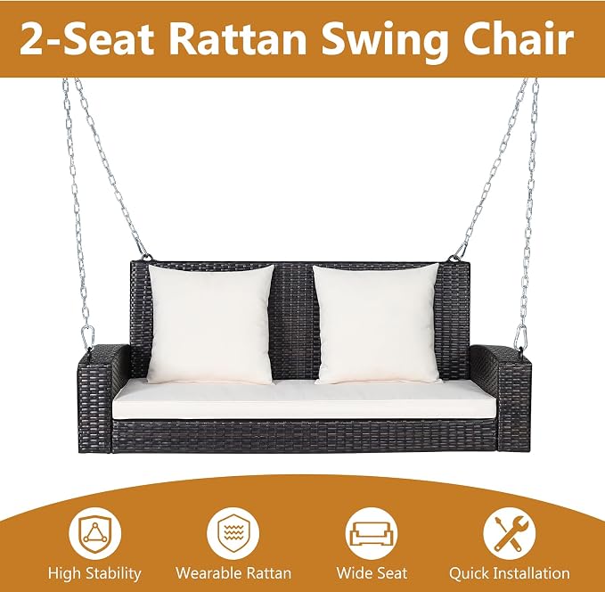 DORTALA Hanging Porch Swing, 2-Person Outdoor Wicker Swing Chair Bench - Image 2