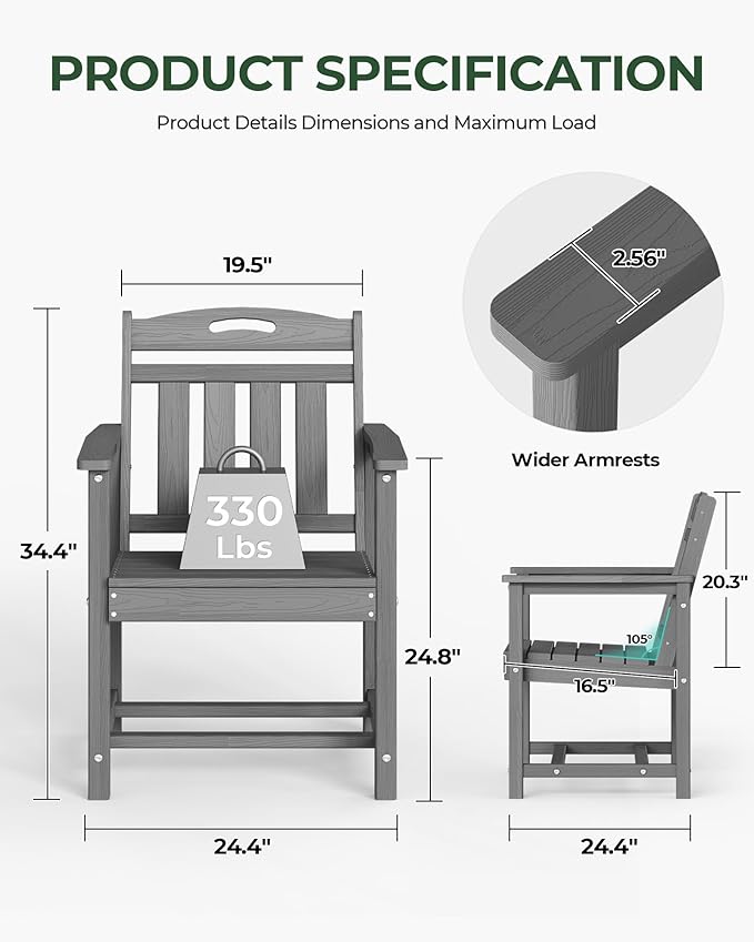 Patio Chairs Set of 2, HDPE Outdoor Dining Chairs - Image 3