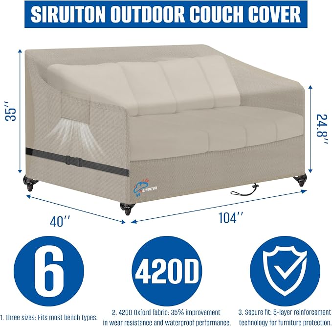 SIRUITON 3-Seat 104" W x 40" D x 35" H Garden Patio Sofa/Loveseat/Bench Cover - Image 2