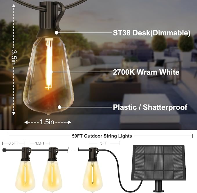 50FT Solar String Lights with 32+2 LED Bulbs, Patio String Lights Whith Remote - Image 7