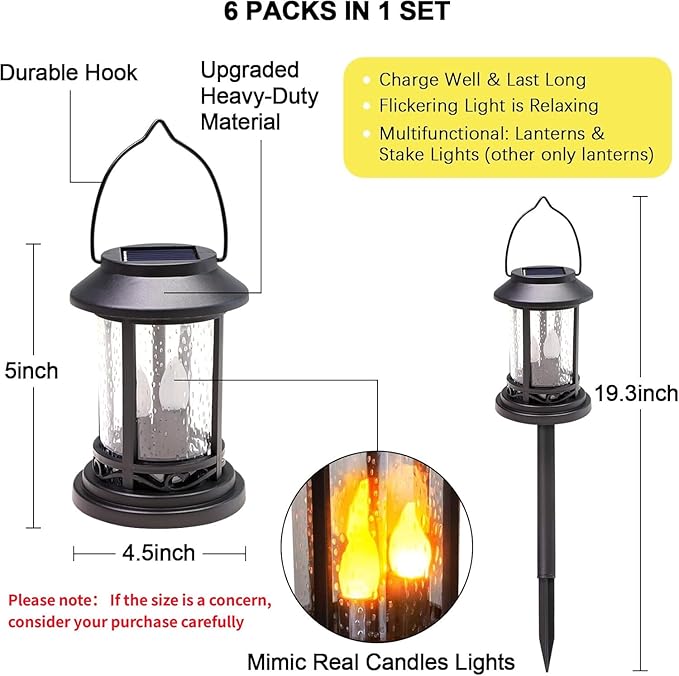 Beautyard 6 Packs Outdoor Solar Candles Lights Flickering Decorative Lantern - Image 2