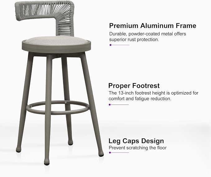 PURPLE LEAF Outdoor Swivel Bar Height Stools Set of 4 Metal Modern Wicker Bar - Image 5