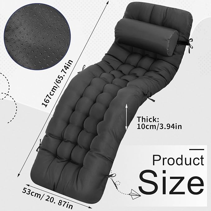 Tudomro 1 Pcs Grey 66'' Outdoor Chaise Lounge Cushion Waterproof Patio Lawn - Image 2