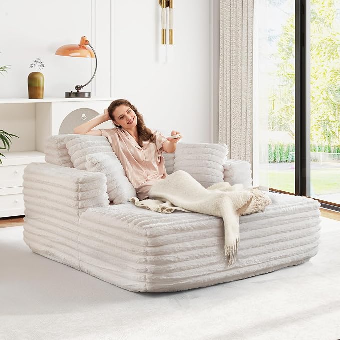 56" Oversized Chaise Lounge Chair Indoor, Plush Faux Fur Sleeper Sofa Couch Bed - Image 6