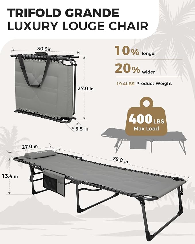 KingCamp Oversized Tanning Chair, Extra-Wide Padded Folding Chase Lounge Chairs - Image 2