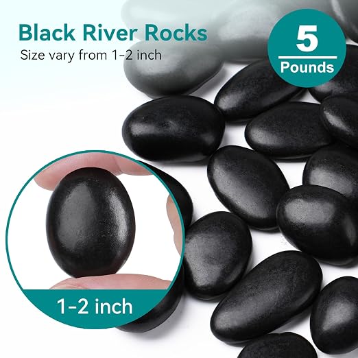 5 lbs Black Rocks for Planters, Polished Garden Stones for Outdoor Landscaping - Image 2
