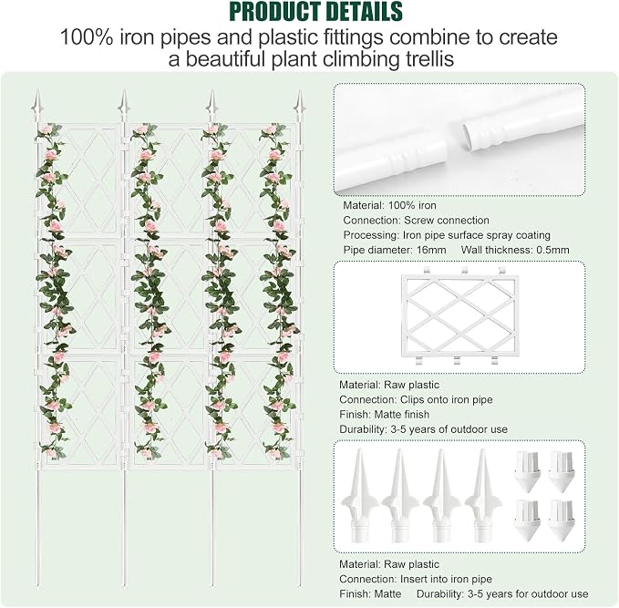 5.25FT Metal Pipe Trellis for Climbing Plants Outdoor, Garden Wall White Trellis - Image 4