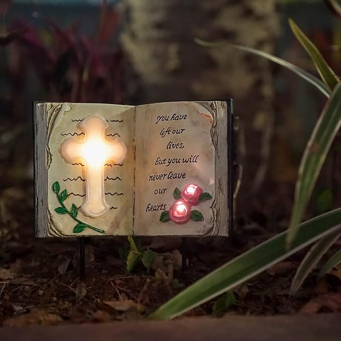 Outdoor Solar Memorial Cross Stakes Lights, Waterproof Book Statue Grave - Image 9