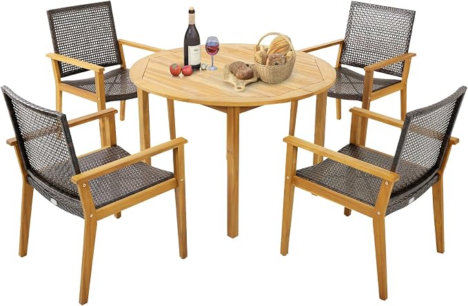 Tangkula 5 Pieces Patio Dining Set, 4 Patio Wicker Armchairs and Round Acacia by TANGKULA