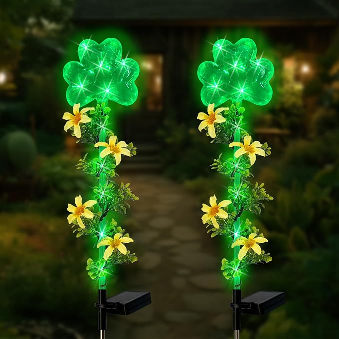 ST Patrick's Day Decorations Outdoor, 2 Pack Shamrock Solar Lights Outdoor by HokfirmHomeDecorGarden