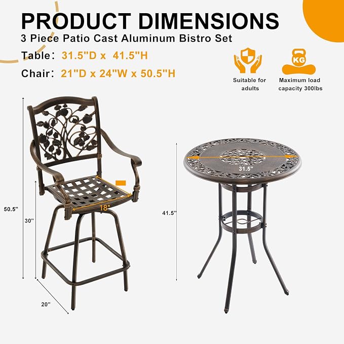 3-Piece Outdoor Bar Height Dining Set, Cast Aluminum Swivel Bar Stools - Image 2