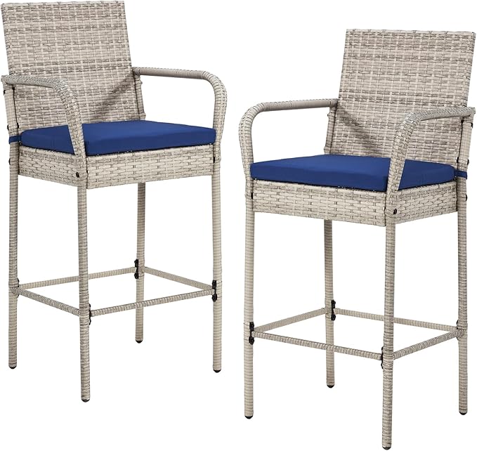 ECOTOUGE Set of 2 Patio Rattan Barstools, All-Weather Wicker Bar Height Chairs by ECOTOUGE