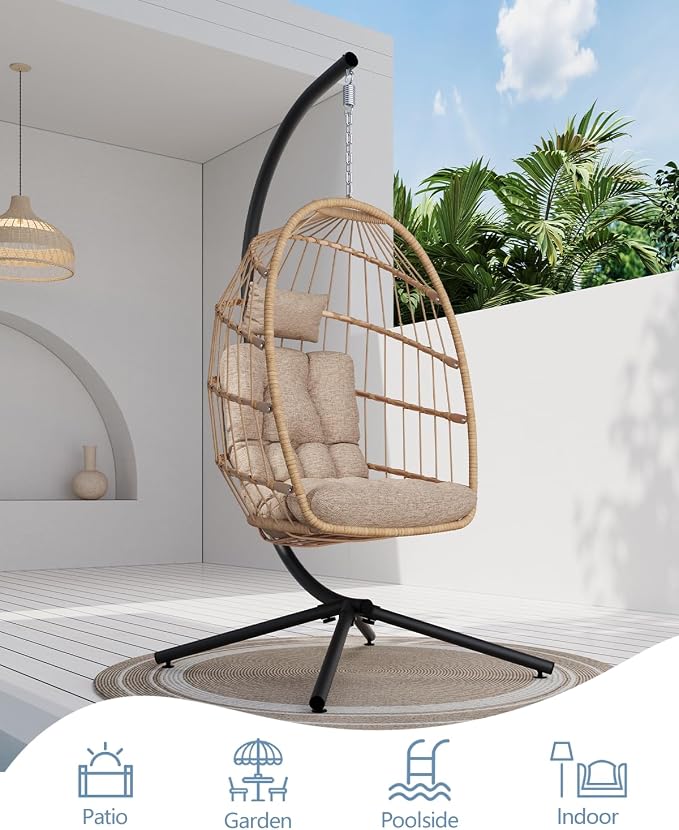 SWITTE Egg Chair Outdoor with Stand, Indoor Wicker Hanging Egg Swing Chair with - Image 4