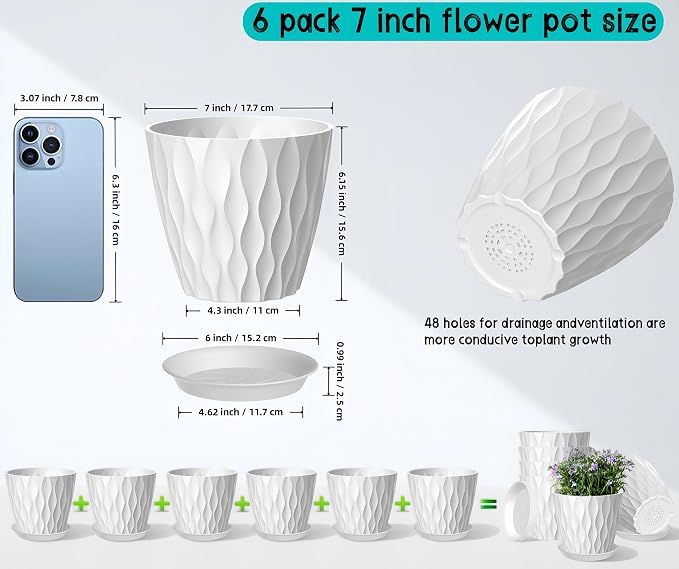 6 Pack 7 Inch Plant Pots with Drainage and Saucers, Stackable Nursery Planters - Image 2
