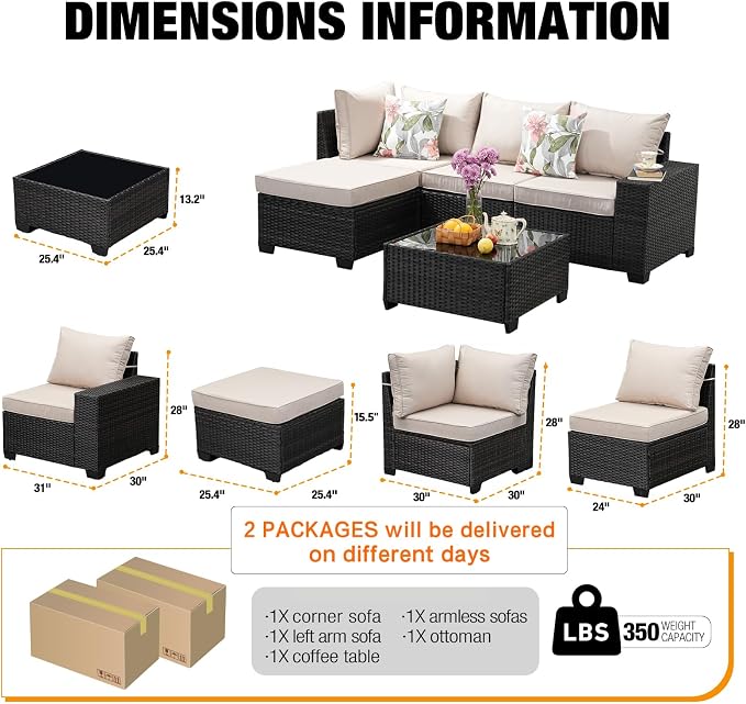 5 Pieces Patio Furniture Set All-Weather Outdoor Wicker Sectional Conversation - Image 3