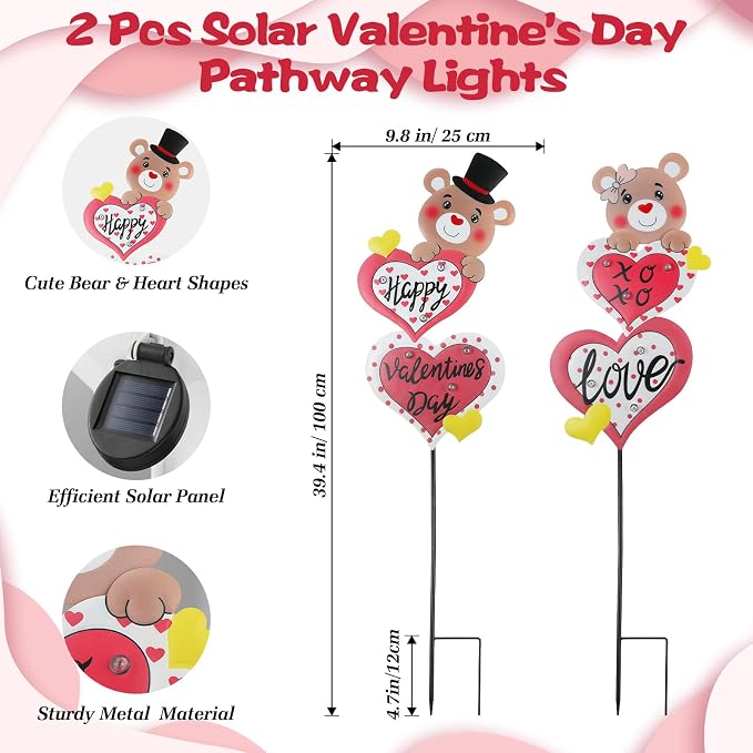 Lewondr 2 Pcs Valentine's Day Decorations Outdoor, Metal Solar Pathway Lights - Image 5