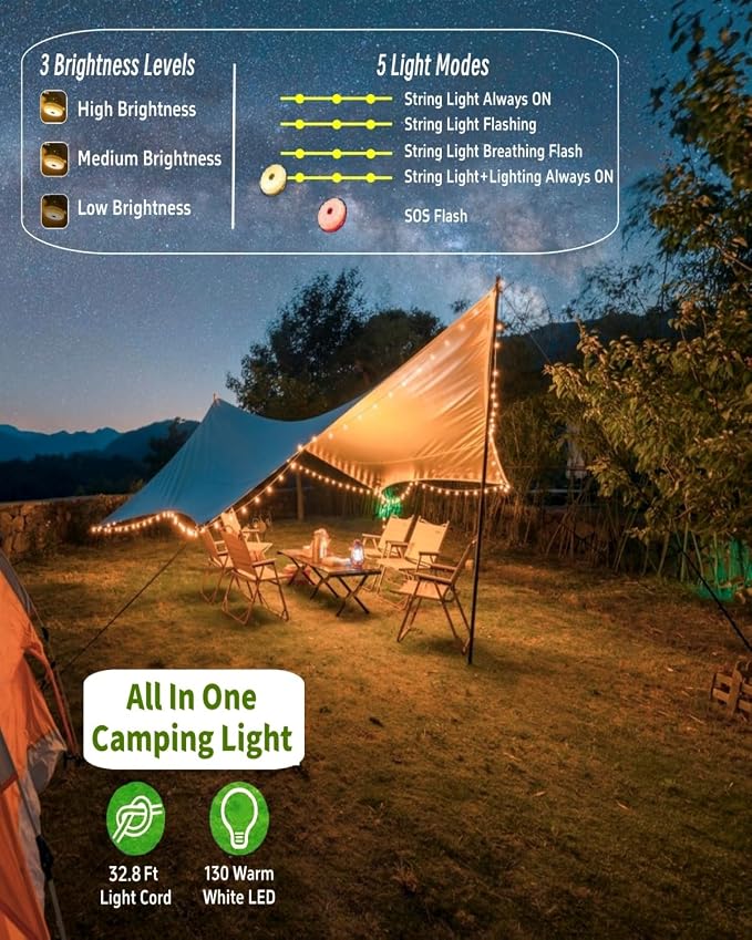 Solar Camping String Lights, 32.8 FT Fairy String Light, 4 in 1 Portable - Image 4