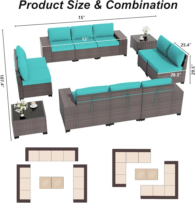 ALAULM 12 Pieces Outdoor Patio Furniture Set Sectional Sofa Sets Brown PE - Image 6