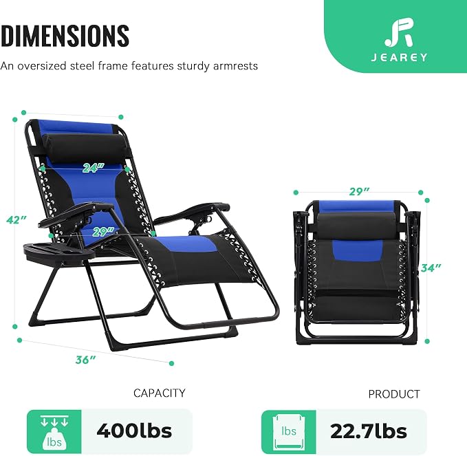 JEAREY Oversized Padded Zero Gravity Chairs Set of 2, Folding Lounge Chair - Image 3
