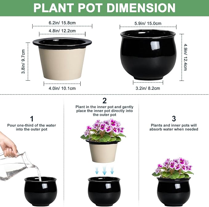 Ceramic African Violet Self Watering Pots, 6 Inch Self Watering Plant Pot - Image 2