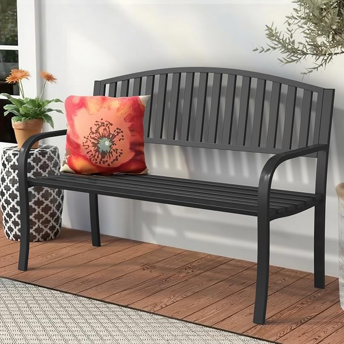 50" Outdoor Garden Bench, Iron Metal Frame Patio Bench - Image 5