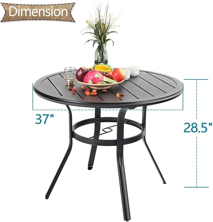 PHI VILLA 38 Inch Outdoor Round Dining Table, Metal Wrought Iron Slat Patio - Image 3