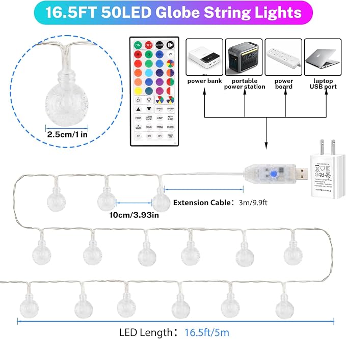 OMIKA Color Changing Indoor String Light USB Plug, 16.5ft 50 LEDs Crystal Globe - Image 6