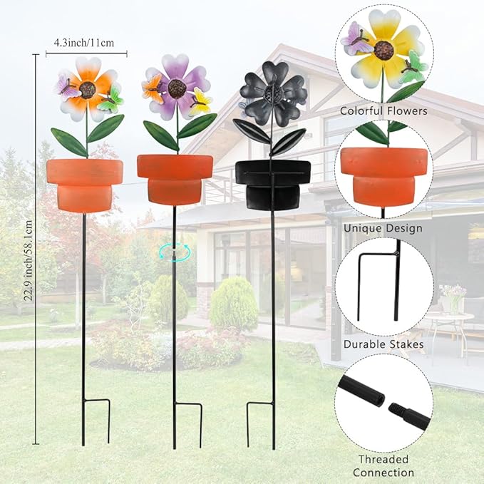 Metal Garden Stakes Decor, 3 Pack Flowers Pot Decorative Garden Stakes - Image 3