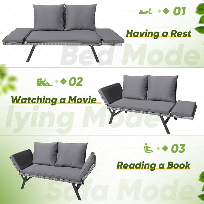 Greesum Outdoor Sofa, Woven Rattan Patio Furniture, Convertible Daybed or - Image 5