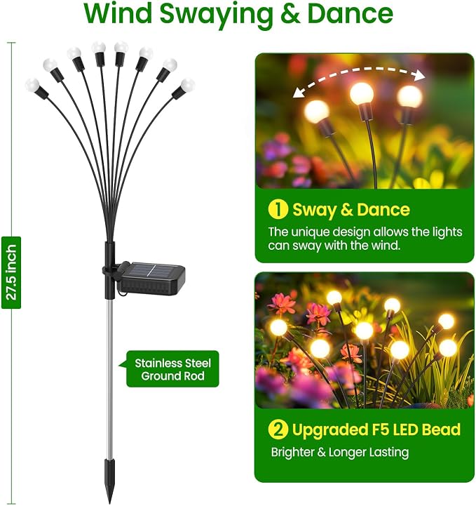 LETMY Solar Lights Outdoor, 4 Pack 32 LED Swaying Solar Garden Lights, Firefly - Image 6