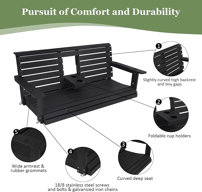 Poly Lumber 3-Seat Porch Swing, HIPS 5-Feet Bench Swing - Image 4
