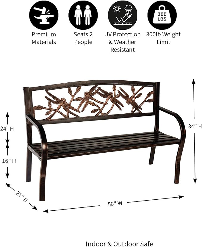 Evergreen Garden Weatherproof Dragonfly Outdoor Bench | Holds Up to 300 lbs. | - Image 3