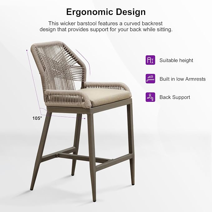 PURPLE LEAF Patio Counter Height Bar Stools 24" H Set of 4 Modern Rattan Bar - Image 6