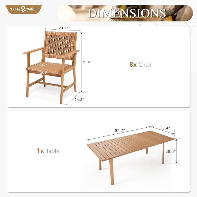 Sophia & William 9-Piece Patio Outdoor Dining Table Chair Set, Rattan Furniture - Image 7