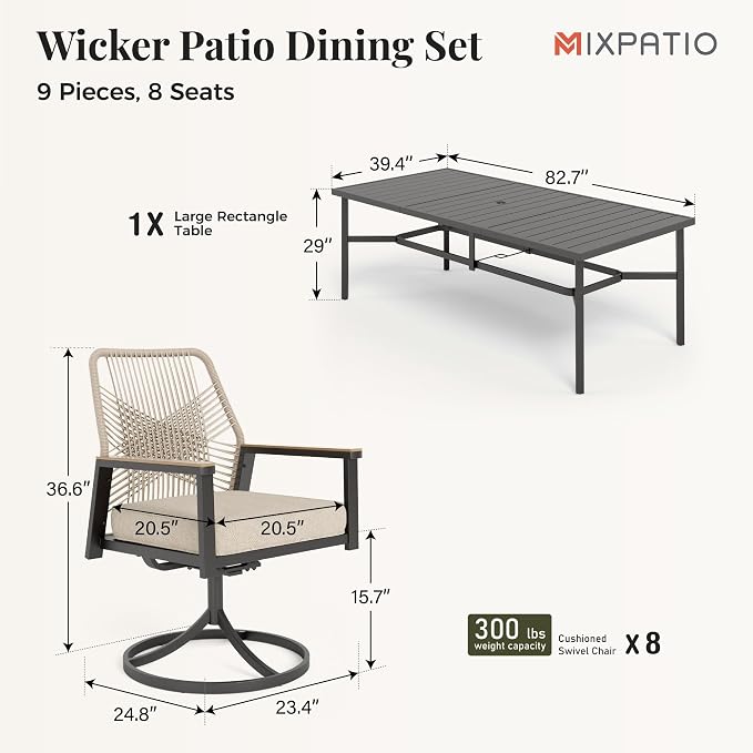 9 Pieces Outdoor Patio Dining Set, Wicker Patio Table and Chairs Set of 8 - Image 6