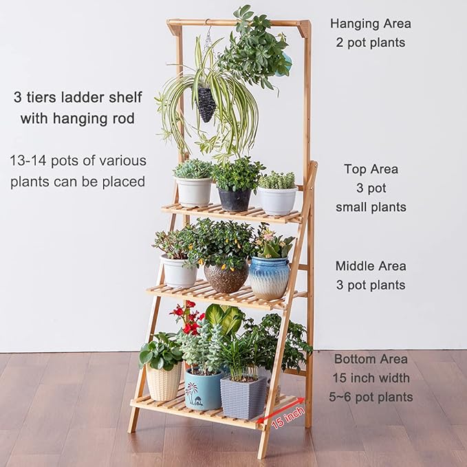 COPREE Bamboo 3-Tier Hanging Plant Stand Planter Shelves Flower Pot Organizer - Image 3