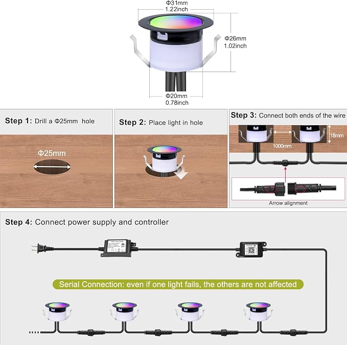 FVTLED LED Deck Lights Kit, Φ1.22 Low Voltage WiFi Pixel RGBW+IC Multi-Color - Image 4