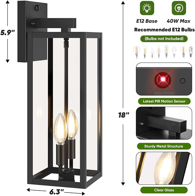 2-Pack Upgraded Motion Sensor Outdoor Wall Lights, 18” Large Dusk to Dawn Porch - Image 6