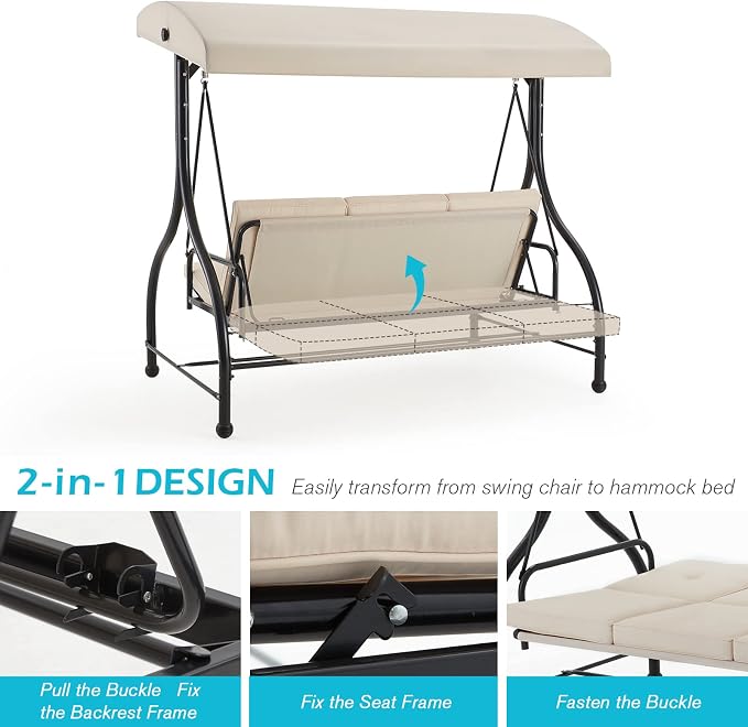 AECOJOY Porch Swing Chair, 3 Seats Porch Swing Adjustable Canopy Outdoor Swing - Image 4