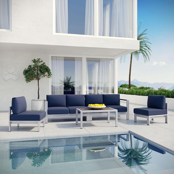 Modway Shore 5-Piece Aluminum Outdoor Patio Sectional Sofa Set in Silver Navy - Image 2