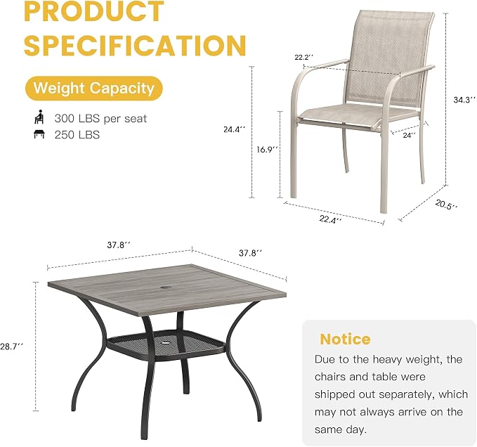 VICLLAX 5 Pieces Patio Dining Set, Outdoor Furniture Set Includes 37.8" Square - Image 7
