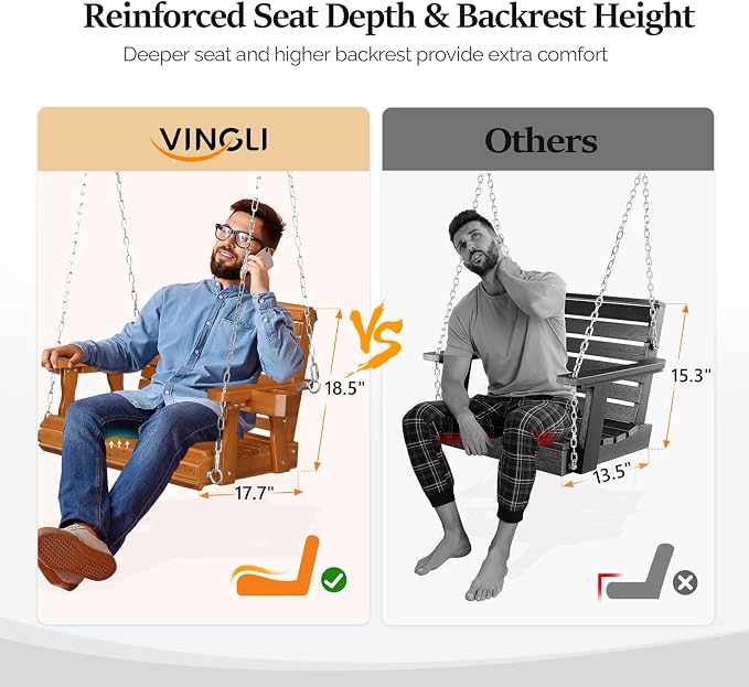 VINGLI Heavy Duty 440 LBS 1-Person Wooden Patio Porch Swing - Image 2