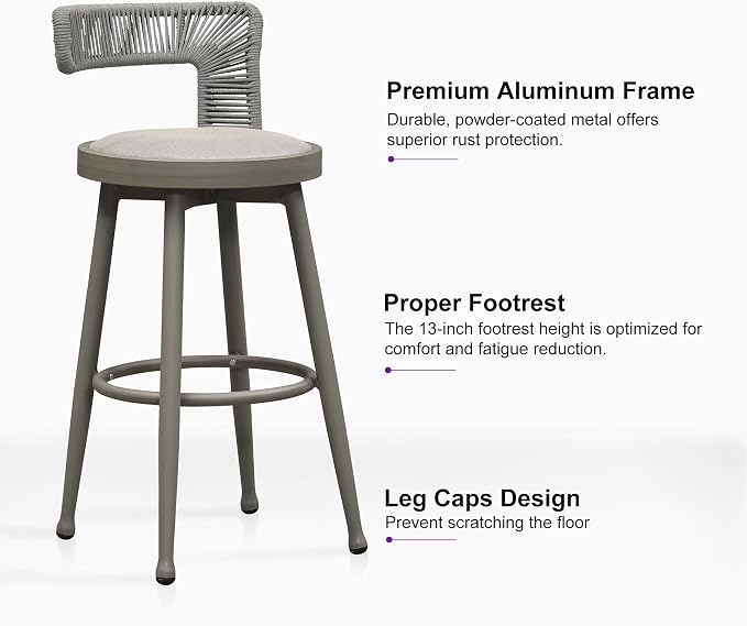 PURPLE LEAF Outdoor Swivel Bar Height Stools Set of 2 Metal Modern Wicker Bar - Image 5