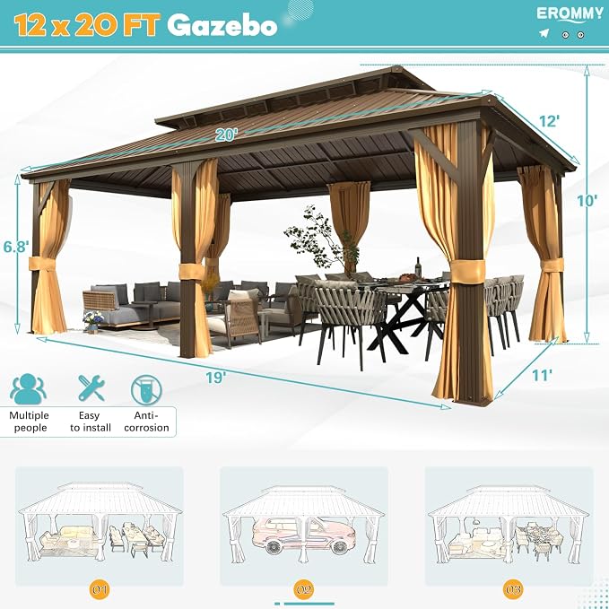 EROMMY 12' x 20' Hardtop Gazebo, Aluminum Frame Gazebos - Image 2