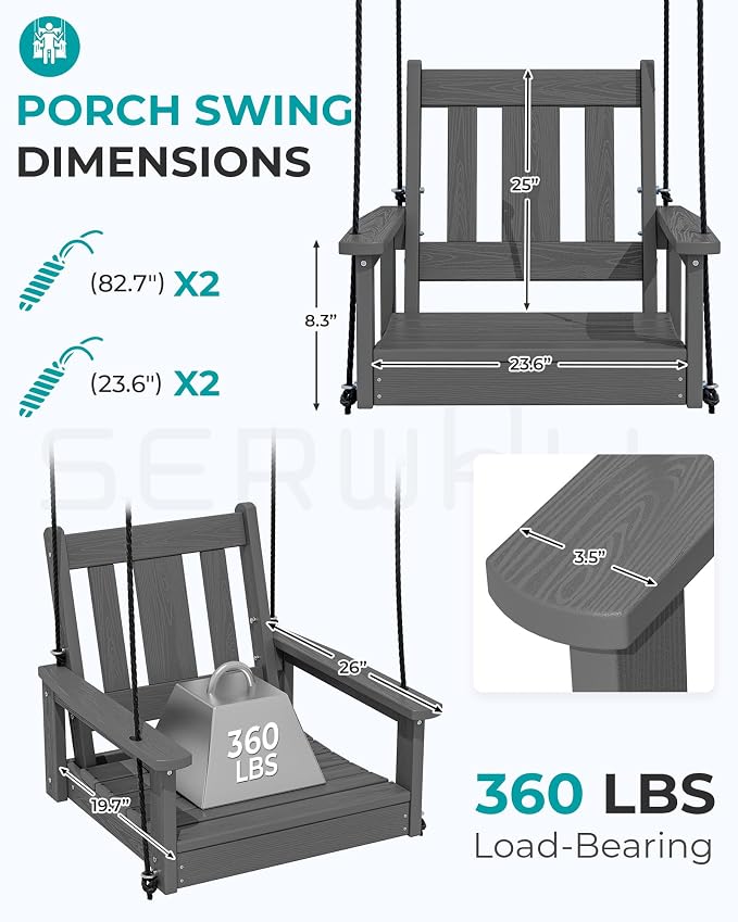 SERWALL HDPE Single Porch Swing Set of 2, Heavy Duty Single Person Swing Chair - Image 2