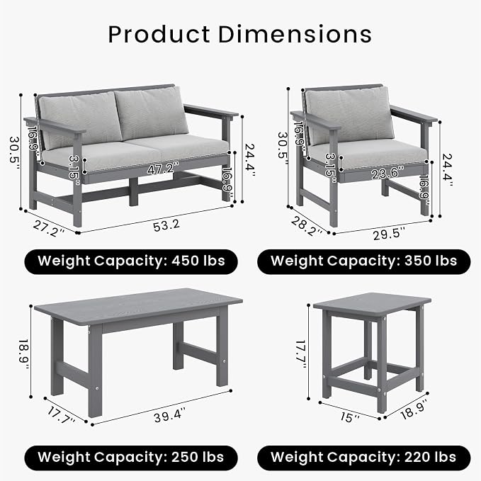 5-Piece Patio Conversation Sets, Weatherproof HDPE Sectional Furniture Set - Image 2