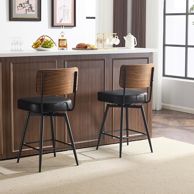 VINGLI 26" Swivel Bar Stools Set of 2, Upholstered PU Leather BarStools - Image 6