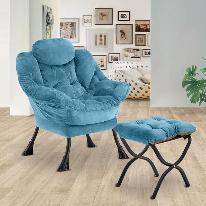 Lazy Chair with Folding Ottoman, Leisure Sofa Chair, Soft Fabric Armchair with - Image 2
