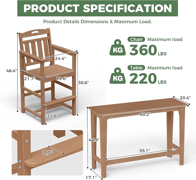 Outdoor Patio Bar Height Table and Tall Adirondack Chairs Set of 2, All-Weather - Image 3